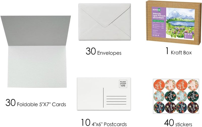 KOVIEDE 30 Pack Blank Foldable Watercolor Cards with Envelopes 5"x7", 10 Sheets Watercolor Postcards, 140lb/300gsm Heavyweight 100% Cotton Cards for Painting, Greeting, Birthday Valentine - Image 3